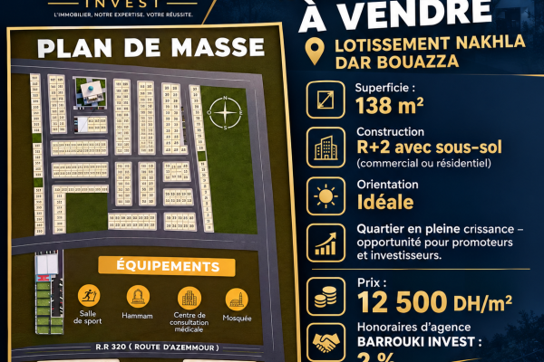 Terrain R+2 de 138 m² à vendre – Lotissement Nakhla, Dar Bouazza | BARROUKI INVEST